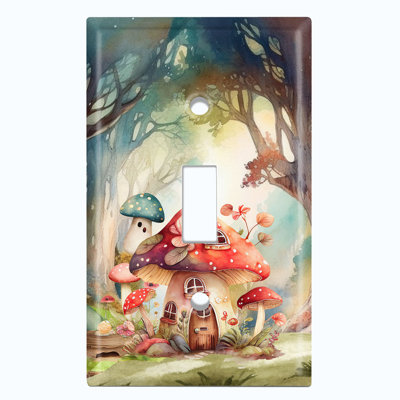 Metal Light Switch Plate Outlet Cover (Cute Mushroom House Forest - Single Toggle)