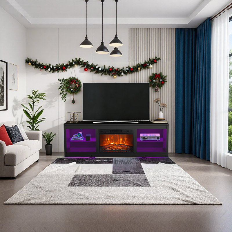 Meuble télé 66 po pour téléviseur de 75 po ou moins, console multimédia avec lumières DEL et foyer électrique, Noir