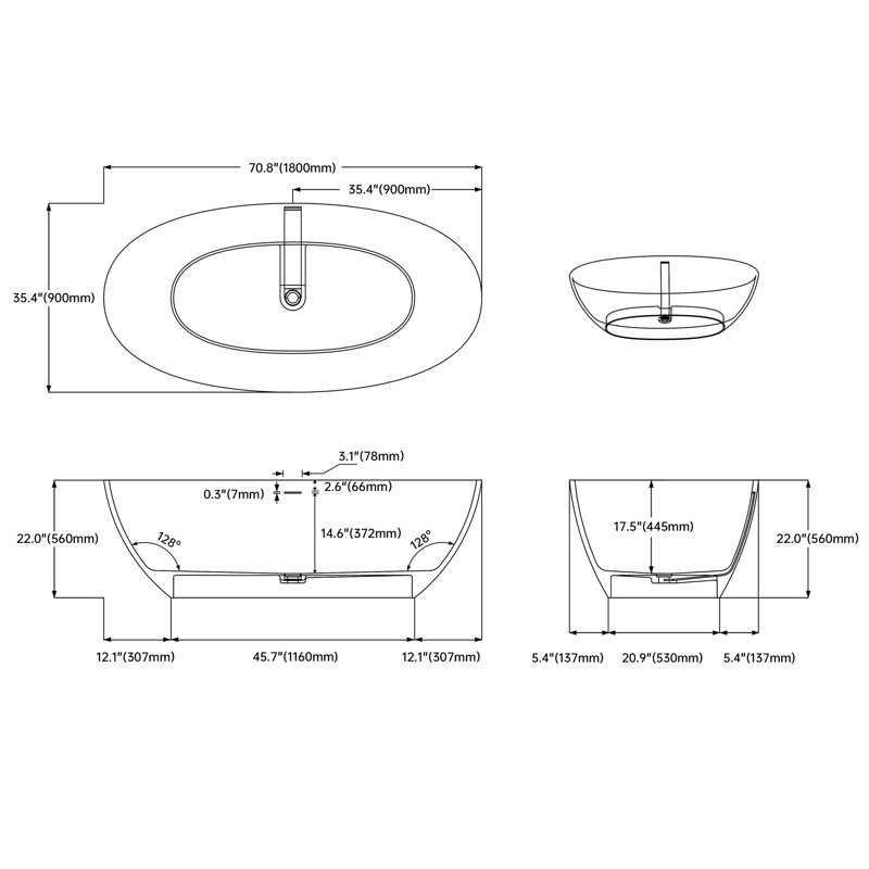 70.86''Solid Solid Surface Bathtub, Freestanding Soaking Bathtub