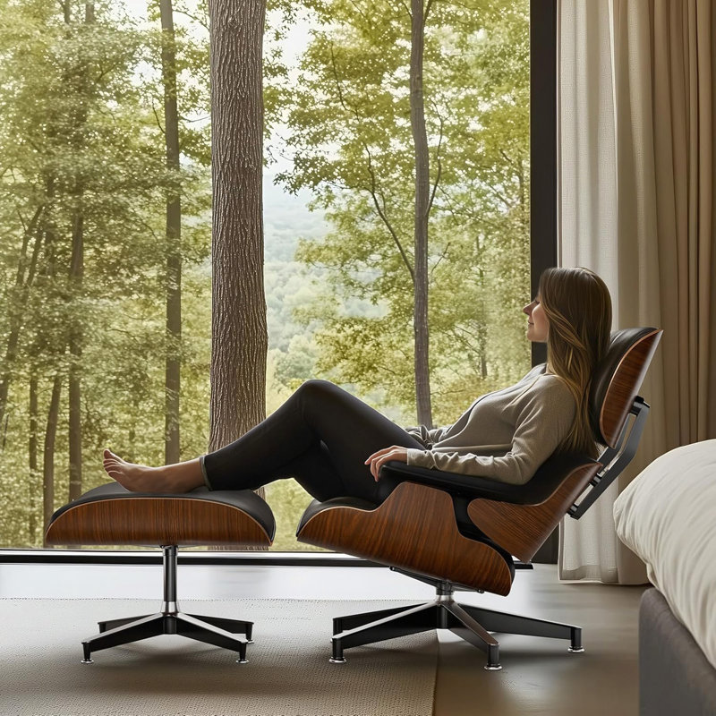 Cuir de grain supérieur, méridienne et repose-pieds de style Mid-Century, conception moderne de chaise classique, support de base robuste pour bureau d'étude de salon, noyer, rehausse