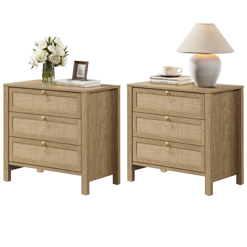 Pomodoro Boho-Inspired Rattan Nightstand With 3-Drawer, Cherry
