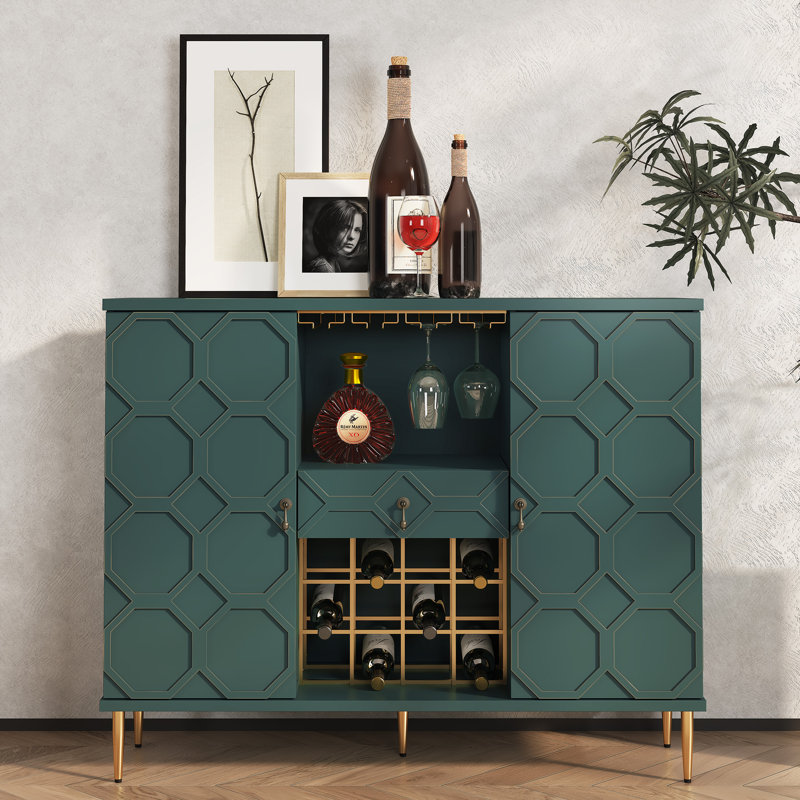 47.23'' Large Coffee Bar Cabinet with Bottle Rack Buffet Sideboard Table for Home, Honeycomb Carving Modern Design, Green
