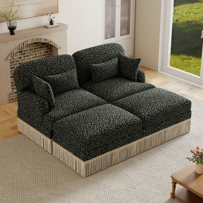Canapé modulaire de 69 po avec accoudoirs délicats à pampilles et 4 coussins, canapé-lit moderne à motif léopard en chenille confortable avec 2 repose-pieds et siège profond de 24 po pour le salon