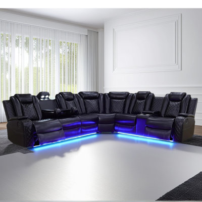 Charliee 3-Pieces 210" Breathing Leather Power Reclining Theater Sectional with Wireless Chargers and LED Lighting (Set of 3)
