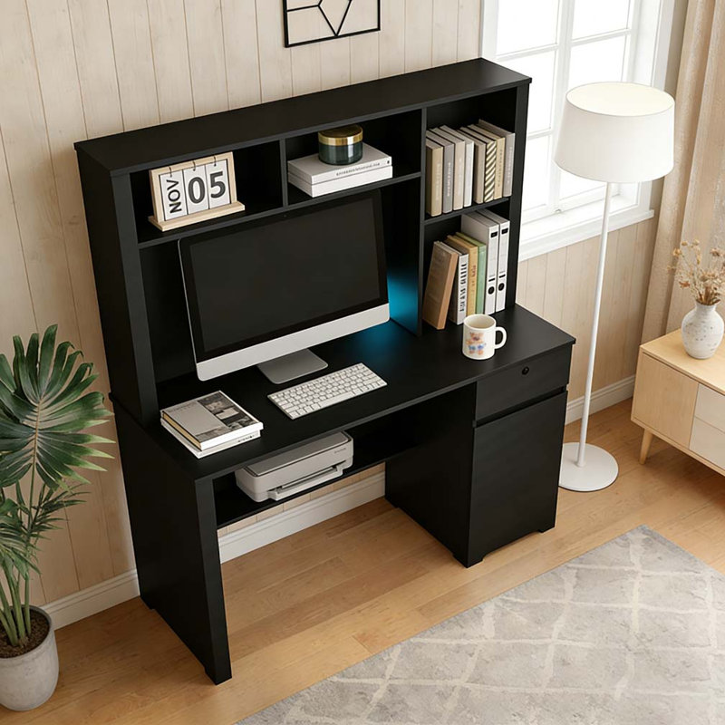 Bureau d'ordinateur avec huche et bibliothèque, bureau de direction en bois pour adolescents, Noir