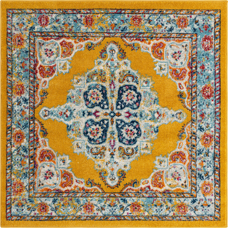 Tapis traditionnel de couleur jaune Mirveta, Carré 5 pi