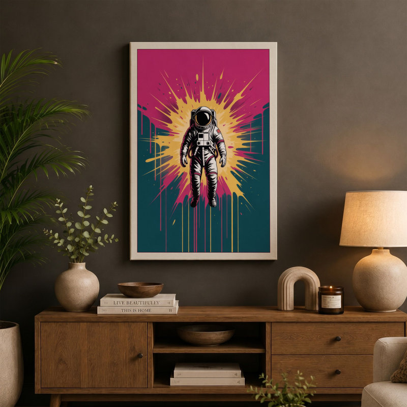 Astronaut in Cosmic Burst Retro - Wrapped Canvas, 36x24 - 91.4 x 61.0 cm, Cream Border