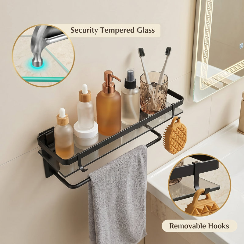 Black 15.7 Inch Tempered Glass Shelf for Bathroom Wall Mounting, 2-Tier Design Includes 4 Removable Hooks for Hanging Items