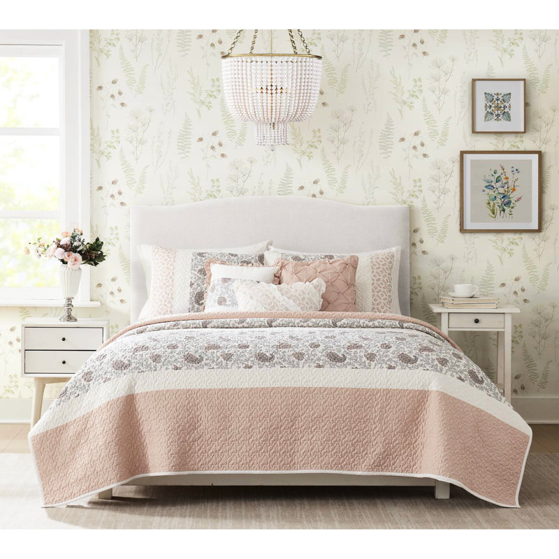 Courtepointe Blush King / King Bedding, 6 pièces, coton, réversible avec oreiller Conglomerates, Rosé