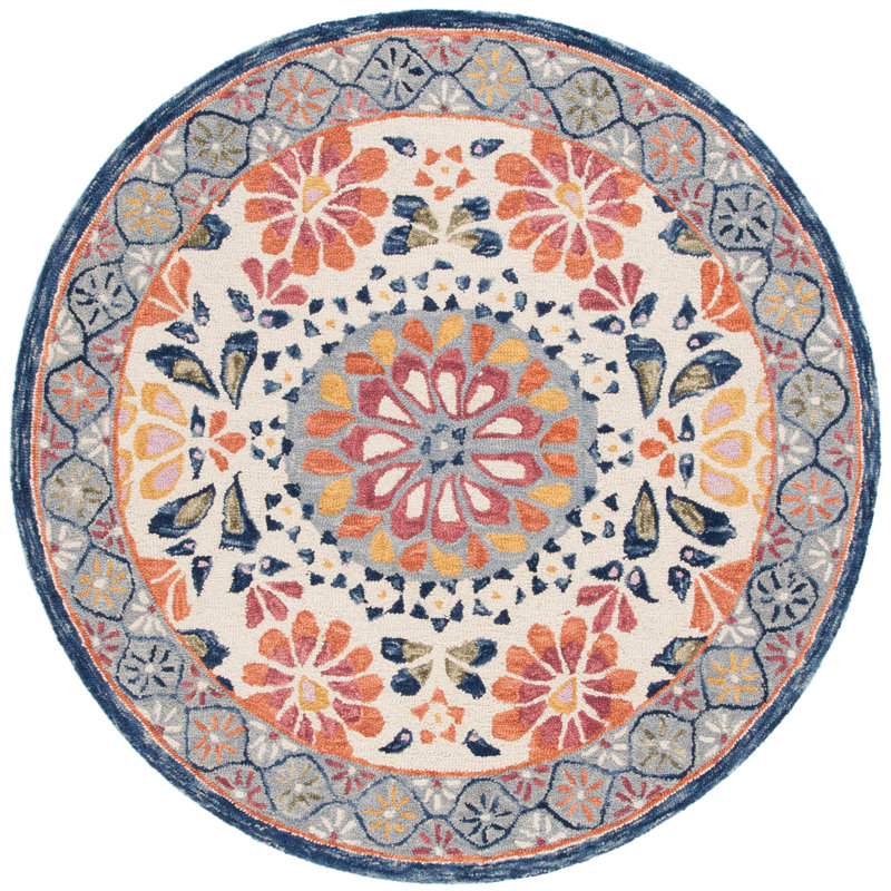 Onasis Hand Tufted Wool Cotton Floral Rug in Red/Ivory, Round 6'