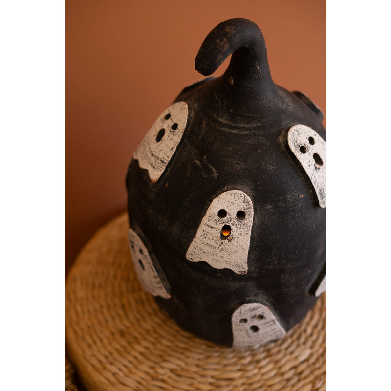 Luminaire citrouille en argile noire avec fantômes Kalalou - décor d'Halloween fabriqué à la main 14 po