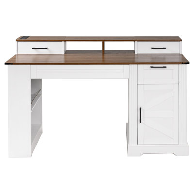 55" White Office Desk With Storage, Keyboard Tray, And Soft - Close Hinges For Easy Item Management In Study Quick Access To Items