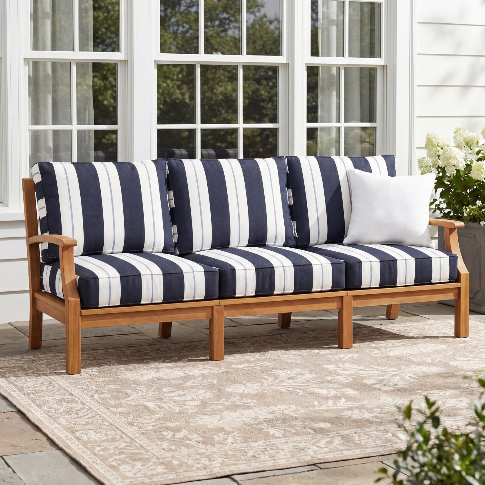 Deana Sunbrella® Seat and Back Cushion, Navy Stripe Sunbrella®, 27" W x 29" D