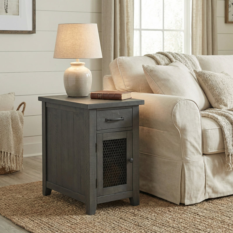 Jakendra Solid Wood End Table with Storage and Built-In Outlets, Grey