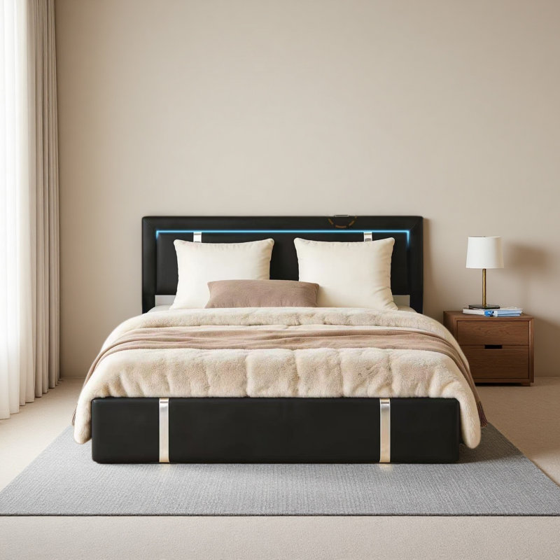 Cadre de lit avec tête de lit à DEL réglable, ports de charge USB-C, Noir, Lit double