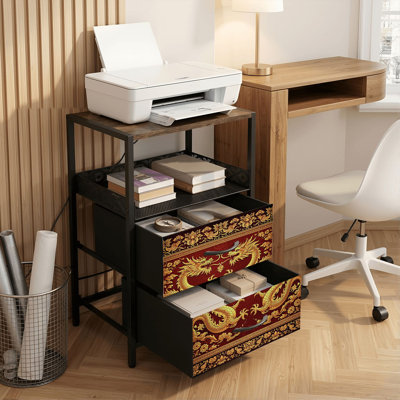Table de chevet 2 tiroirs avec station de charge, table de chevet pour chambre à coucher avec ports USB et prises de courant Tablette ouverte noire, table de chevet avec dragon chinois motifs très artistiques
