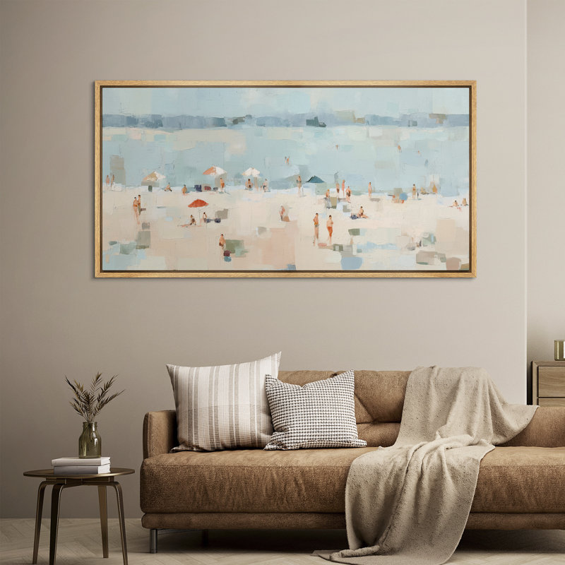 «Summer Beach Scene with Umbrellas», reproduction d'art sur toile encadrée, H 30 po x l 60 po x P 1,5 po, Naturel