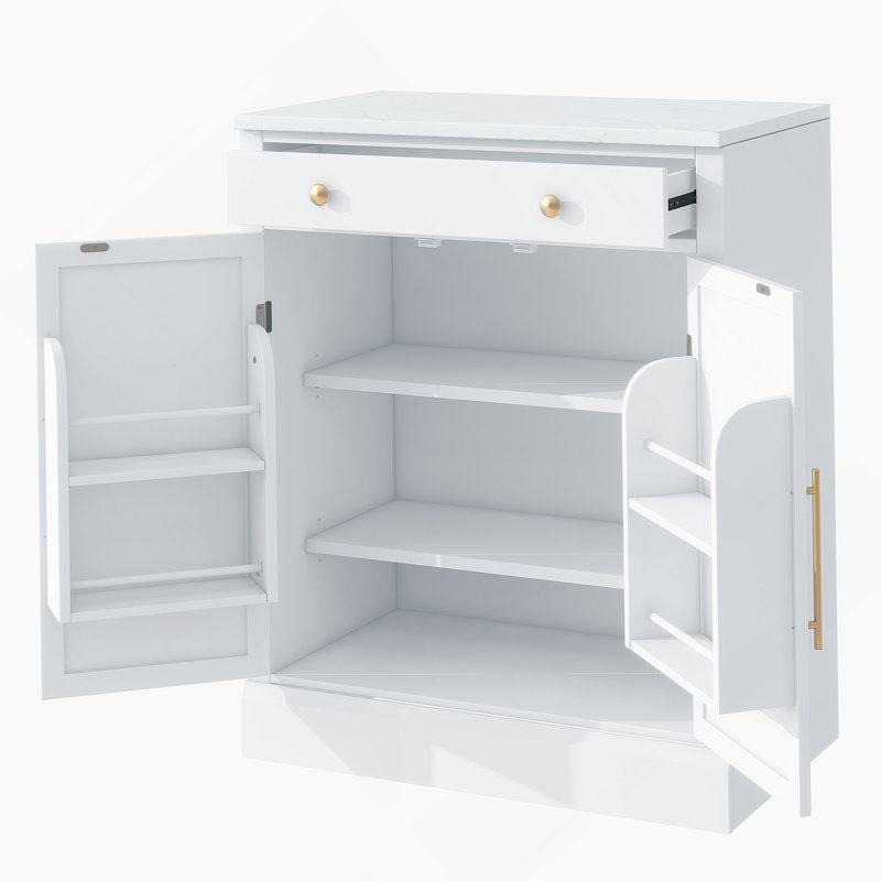 Garde-manger autoportant moderne avec tablettes réglables, tiroir et plateau en faux marbre pour un rangement et une organisation élégants