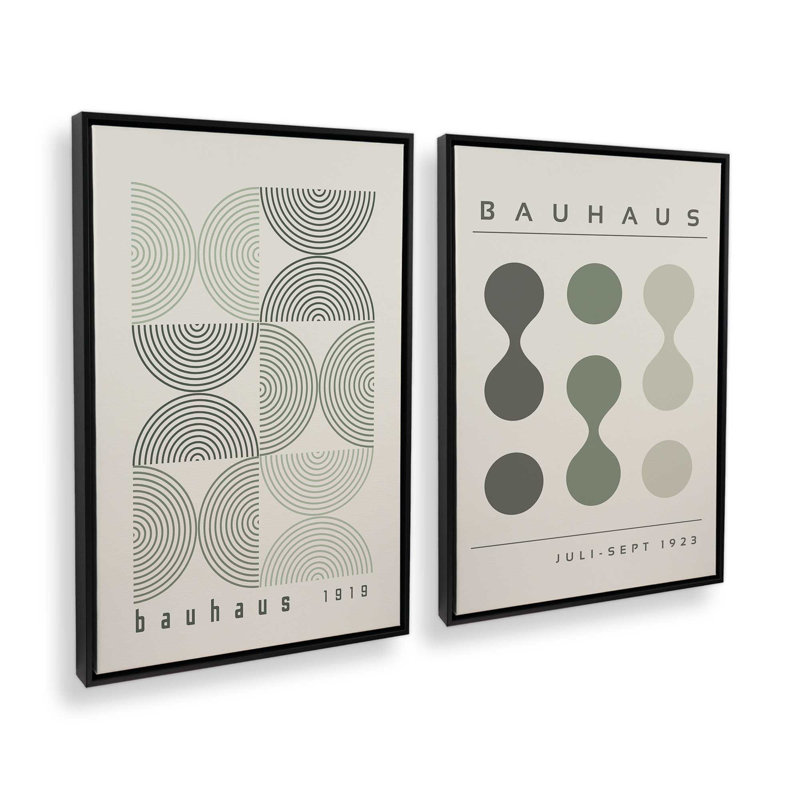 Bauhaus Flow and Composition en vert I, ensemble de 2, Cadre flottant noir satiné, H 19 po x l 26 po
