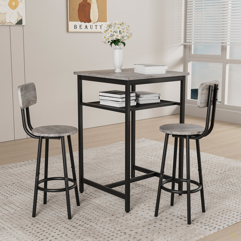 Table de bar, équipée de 2 tabourets de bar, avec dossier et cloison, Gris