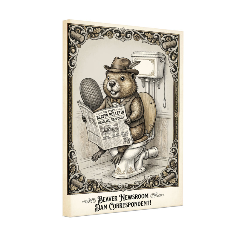 Bath & Laundry Beaver lisant un journal sur une toilette, H 24 po x l 16 po