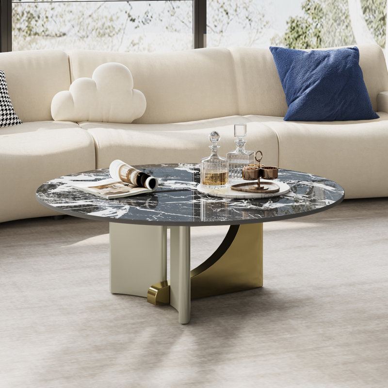 35" Modern Luxury Coffee Table, Black Faux Marble Table top, Stainless Steel Base