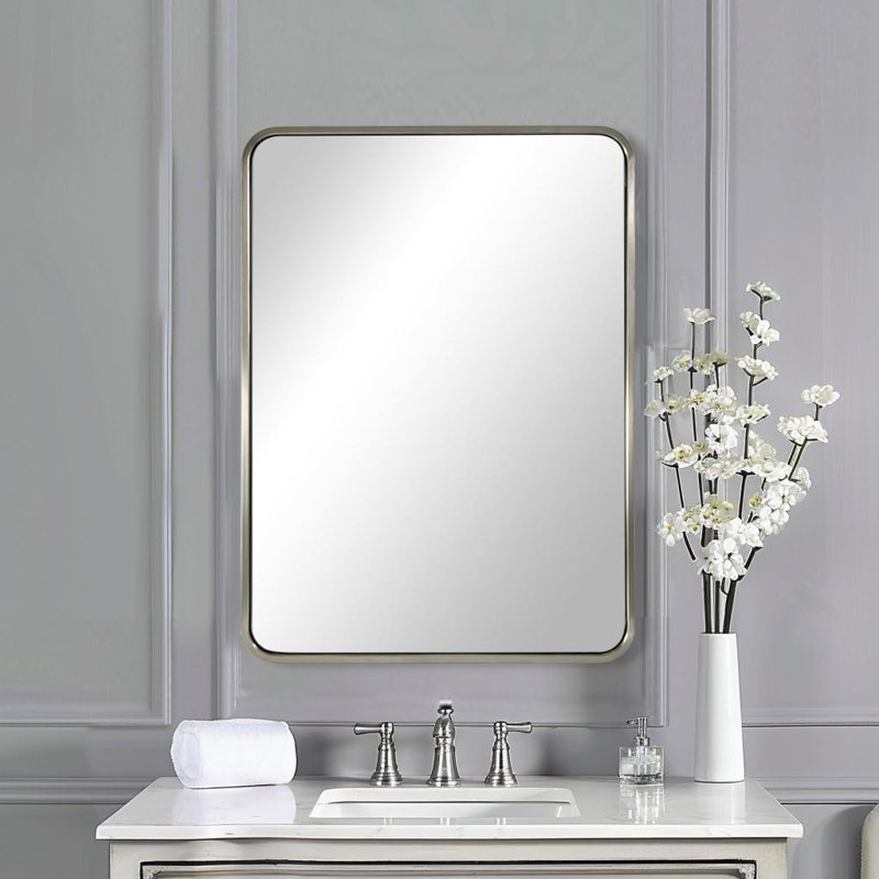 Contemporary Rectangle Bathroom Vanity Mirror | Stainless Steel Thick Frame, Brushed Nickel, 36" x 24"