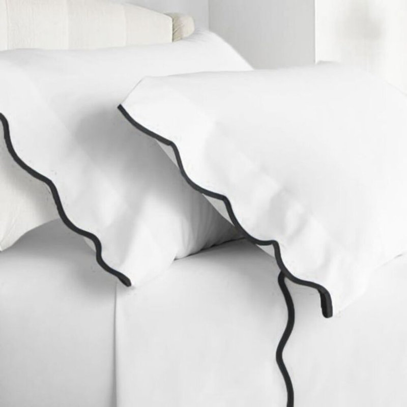 400TC Cotton Scallop Embroidery Cotton 4 Piece Sheet Set Fitted Sheet Fits Upto 16" Deep Pocket, Black, Yes
