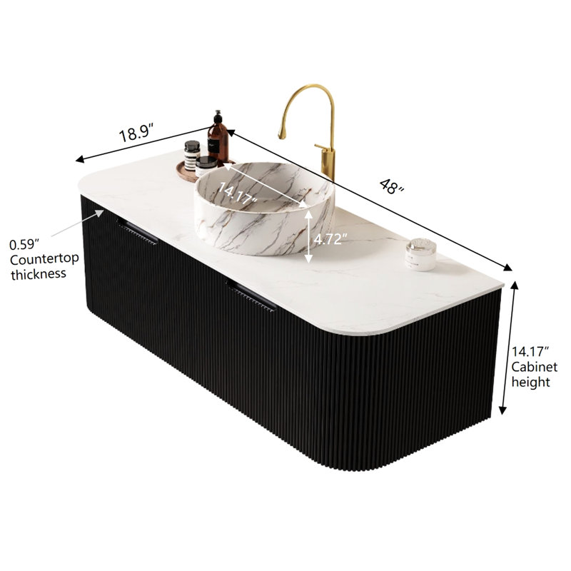 Meuble-lavabo 48 po, lavabo rond blanc, motif de pierre, rayé 3D noir mat, armoire, rangement à fonctionnalité de tiroir à fermeture en douceur, tiroirs