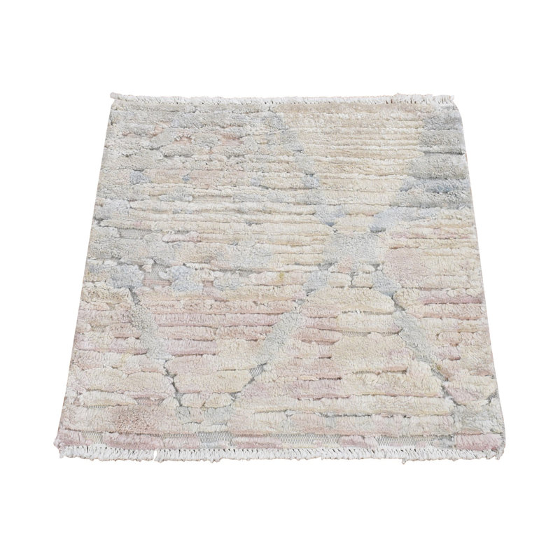 Tapis ivoire luxueux en soie moelleuse 2 pi x 2 pi avec laine noué à la main 629CB3DB802948BDAAD38EDA6A25F17C
