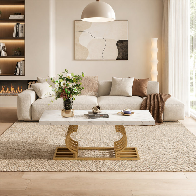 Rectangular Coffee Table, 47" Faux Marble Cocktail Table with Geometric Frame