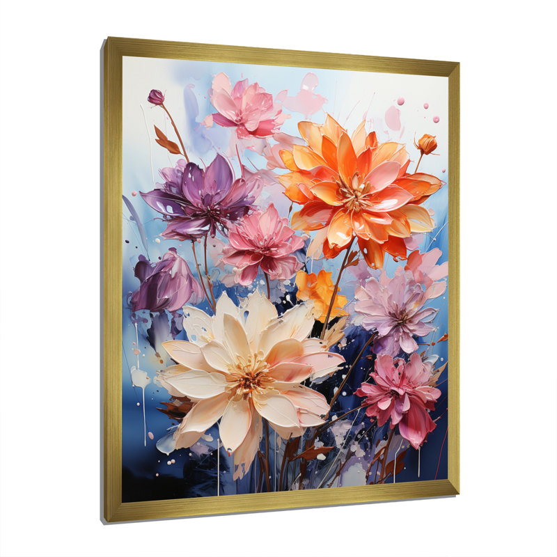 Chaye - fleurs saisonnières multicolores sur fond bleu I - impression, Encadrement doré, H 44 po x l 34 po x P 1,5 po