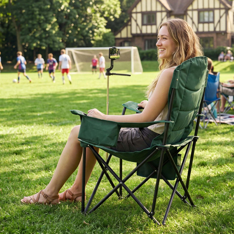 Frameless Stadium Chair, XXL Oversized Padded Folding Chair with Phone Holder, Cooler Bag & Side Pocket, Green