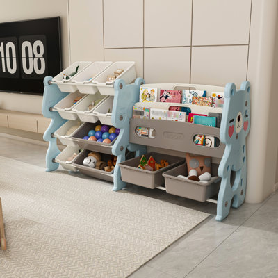 Organisateur de chambre à coucher, bleu avec 12 bacs et bibliothèque à 2 niveaux, améliorant le rangement et la capacité de contrôle