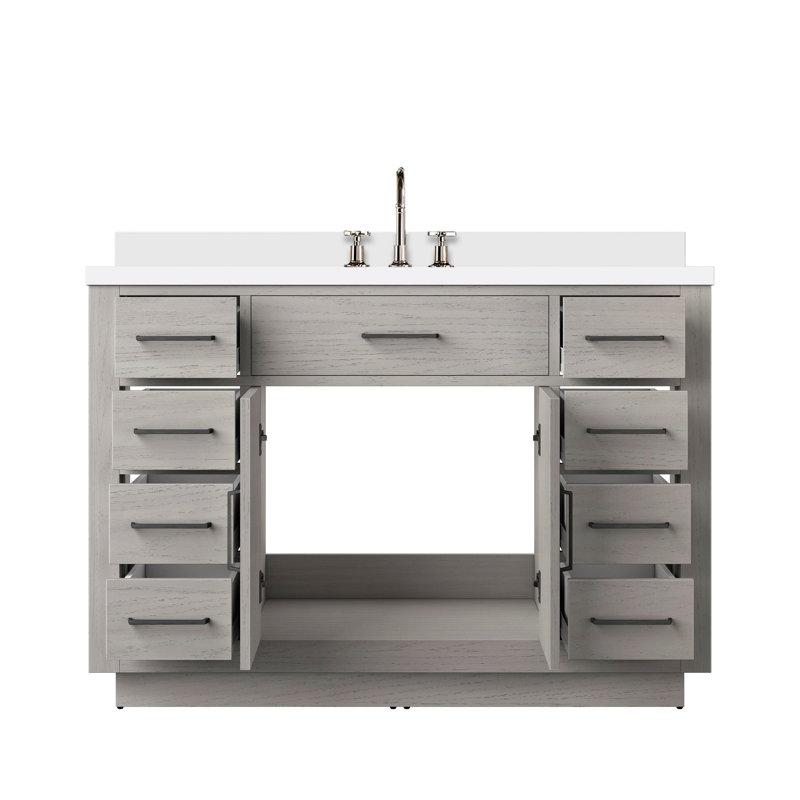 Meuble-lavabo simple en chêne 48 po X P 22 po D, plateau en quartz blanc et ensemble de robinet, Blanc, Noir mat