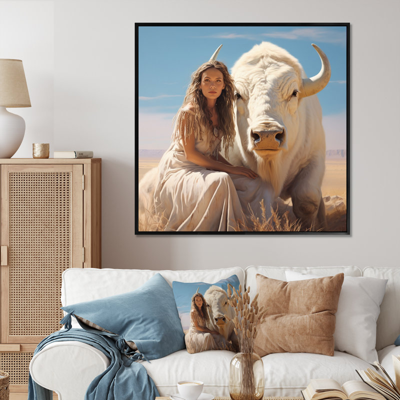 «White Buffola Calf Native Woman» sur toile, Cadre flottant noir, H 24 po x l 24 po x P 1 po