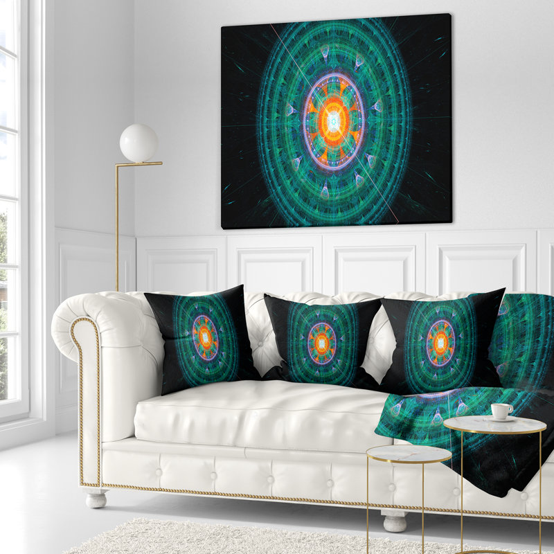 Cabalistic Fractal Sphere - Coussin imprimé abstrait, 18 po x 18 po, Turquoise, Coussin décoratif