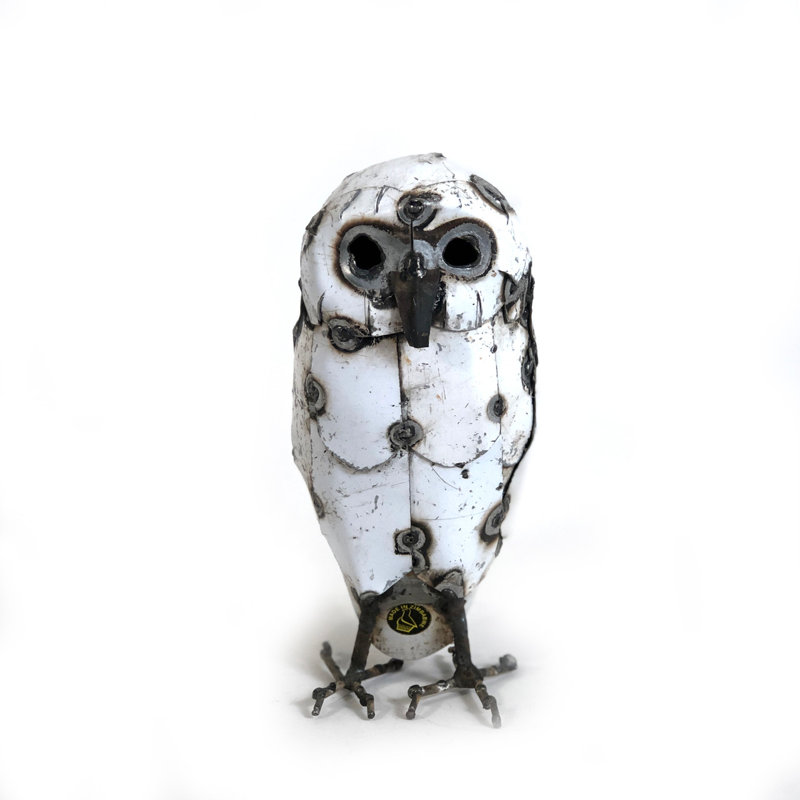 Recycled Metal Snowy White Owl - Medium, 9" H x 4" W x 4" D