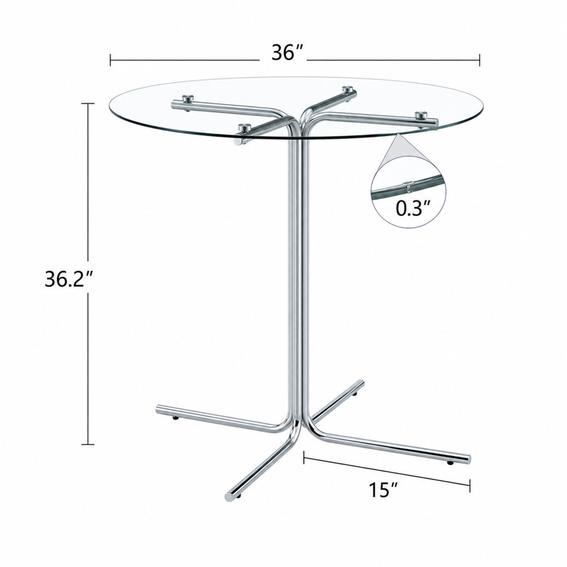 Stylish Round Glass Bar Height Table with Tempered Glass Top and Chrome Plated Four-Column Base - Ideal for Compact Living Spaces, Kitchens, and Entertaining Areas