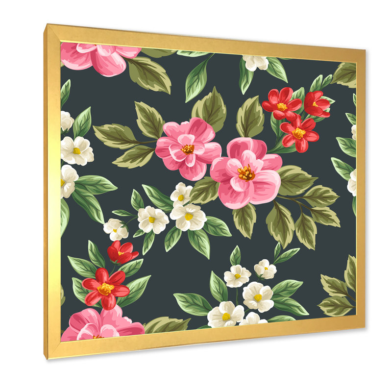 Fleurs rétro roses et rouges II - peinture sur toile, H 36 po x l 36 po x 1,5 po, Cadre doré
