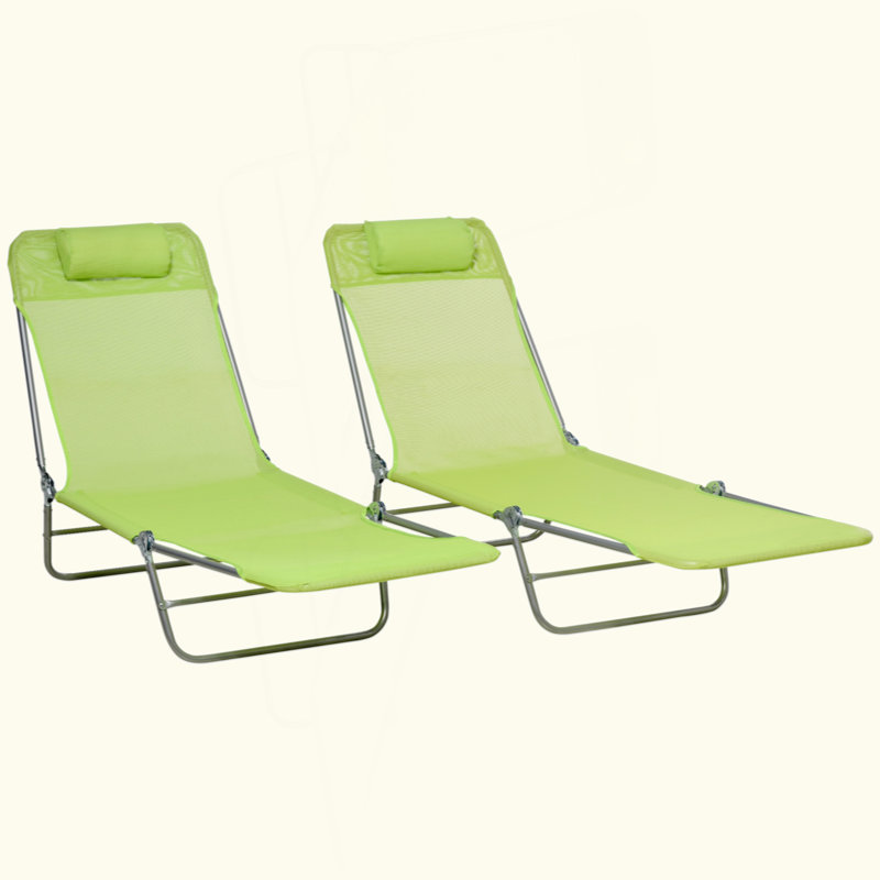 2 Piece Folding Chaise Lounge Chairs, Pool Sun Tanning Chairs, Outdoor Lounge Chairs With 6-Position Reclining Back, Breathable Mesh Seat, Headrest For Beach, Yard, Patio