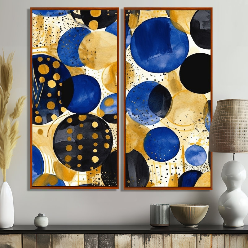 Motif abstrait avec textures bleues et dorées, 20" H x 24" W, Brown, Impression encadrée flottante