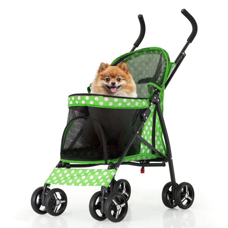 Lawn Green Polka Dot Foldable Pet Stroller with Mesh Windows