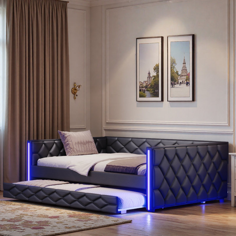 Upholstered Daybed With Trundle And Led, Black