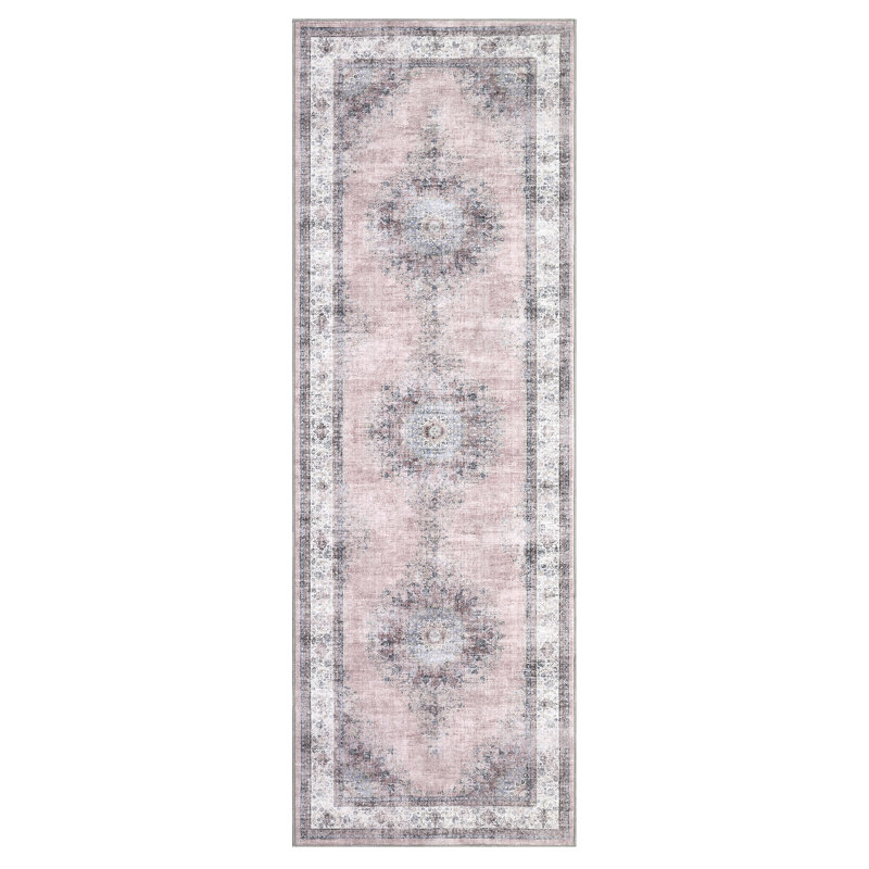 Vintage Area Rug Washable Medallion Accent Carpet with Non-Slip Backing, Foldable Distressed Low Pile Indoor Mat, Stain-Resistant Floor Cover for Living Room, Bedroom, Kitchen