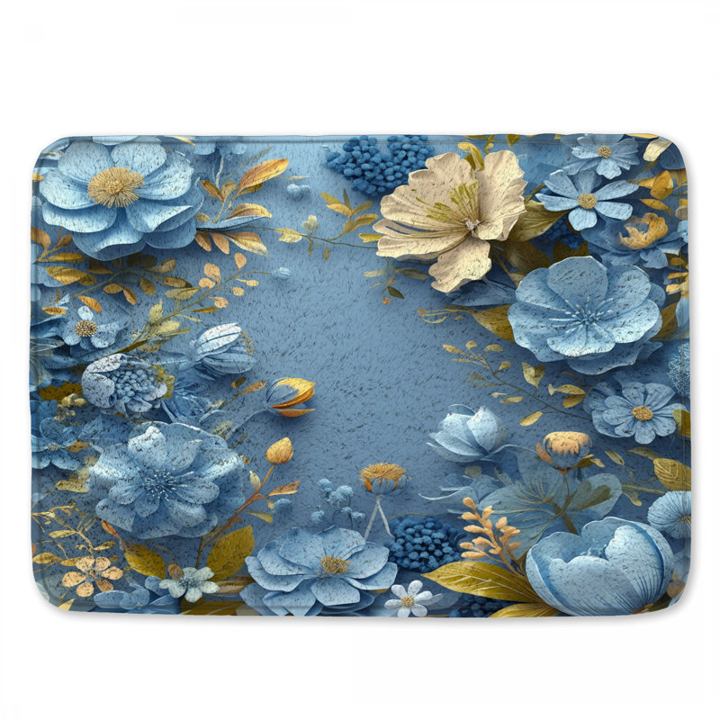 Blue Floral Arrangement Bath Mat, 24in W x 17in L