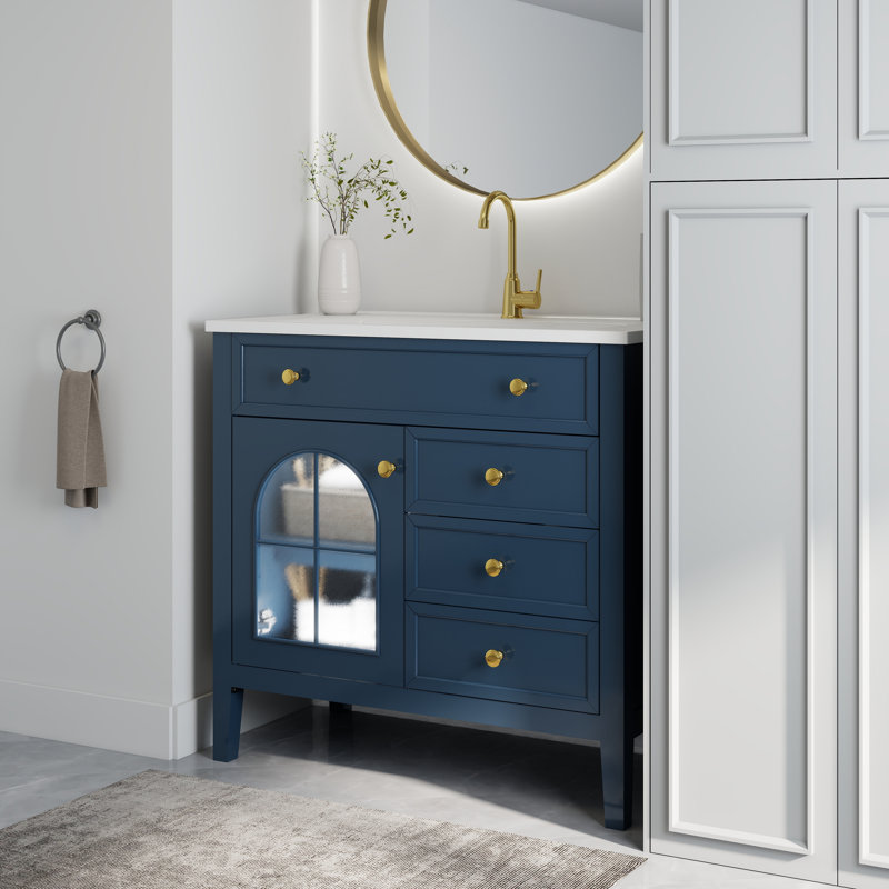 Meuble-lavabo de salle de bain 35,6 po Mid-Century, Bleu