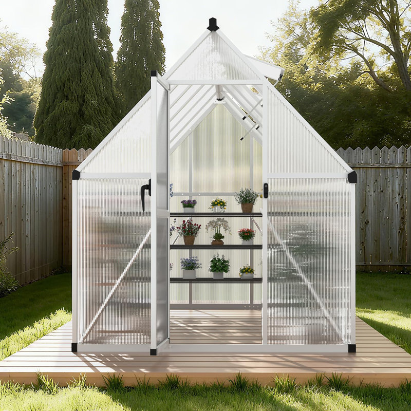 Serre en polycarbonate de 6 pi x 11 pi avec cadre en aluminium robuste avec porte verrouillable, évent de toit réglable et protection contre les rayons UV, pour le jardin ou le patio - Argent