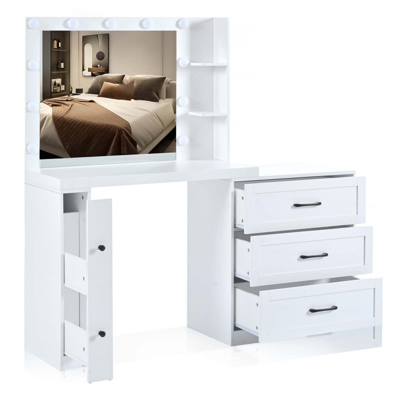 Meuble-lavabo de 55,2 po avec armoire latérale réglable, coiffeuse de maquillage avec lumières Hollywood, 5 tiroirs de rangement et 2 tablettes, coiffeuse moderne