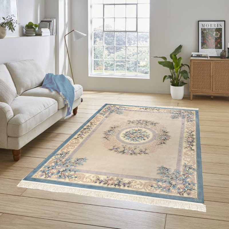 Tapis oriental oriental à motif floral en laine noué à la main beige et rose